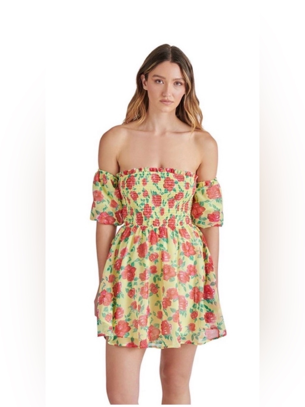 Betsey Johnson Puff Sleeve Floral Smocked Mini Dress Boho Size M